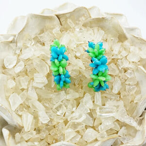 Vintage Half Moon Hoop Earrings | Blue Green Mod | Clip-On